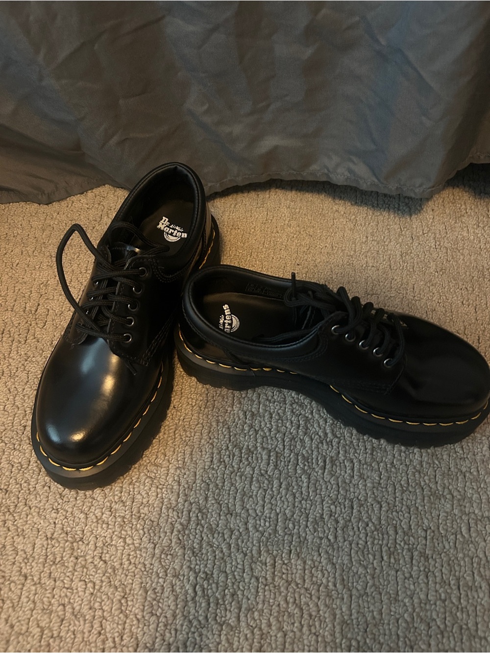 Dr. Martens Black Leather 5-Eye Casual Oxfords with Yellow Stitching